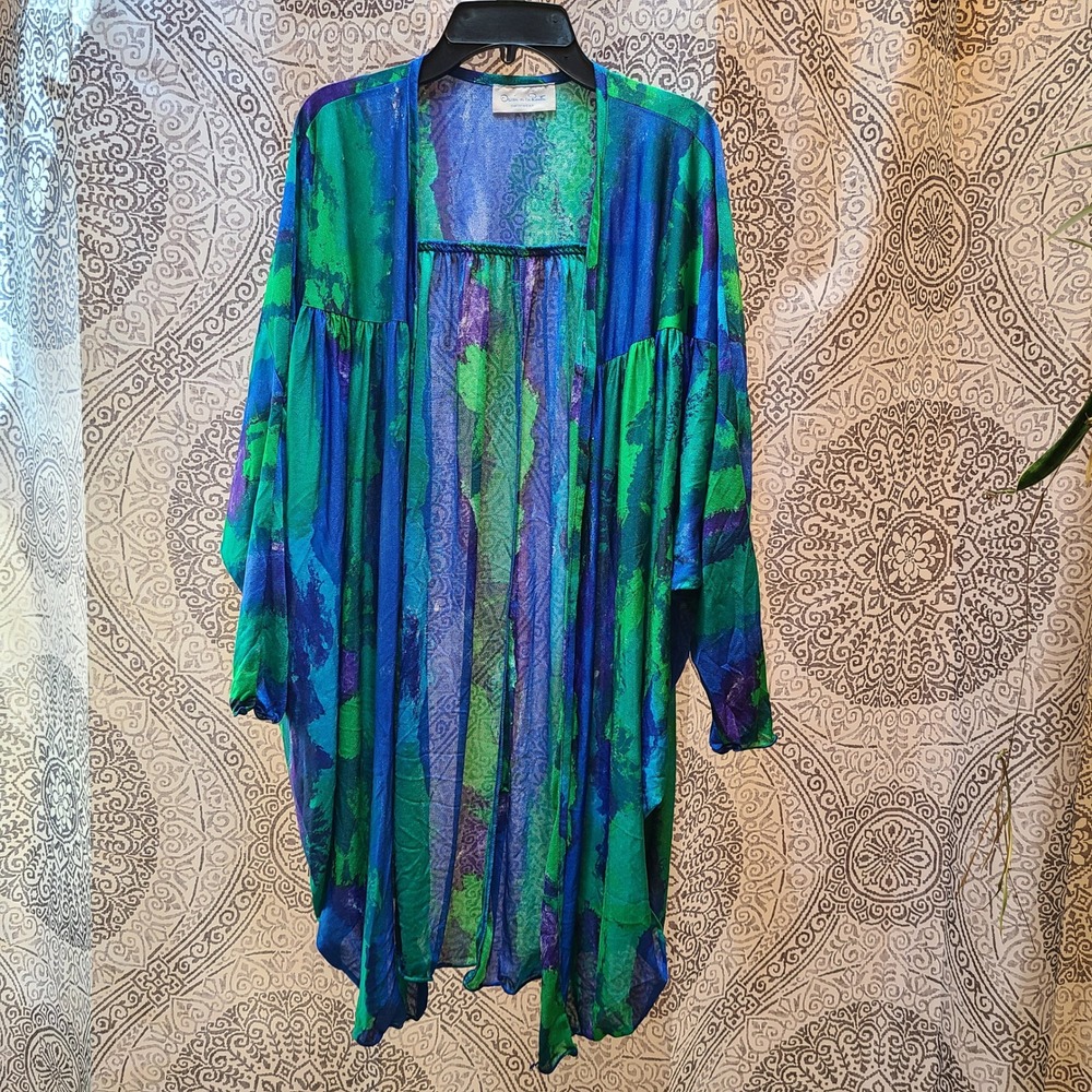 Oscar de la Renta Cover Up Women OS Blue Green 1980s Abstract‎ Watercolor Kimono